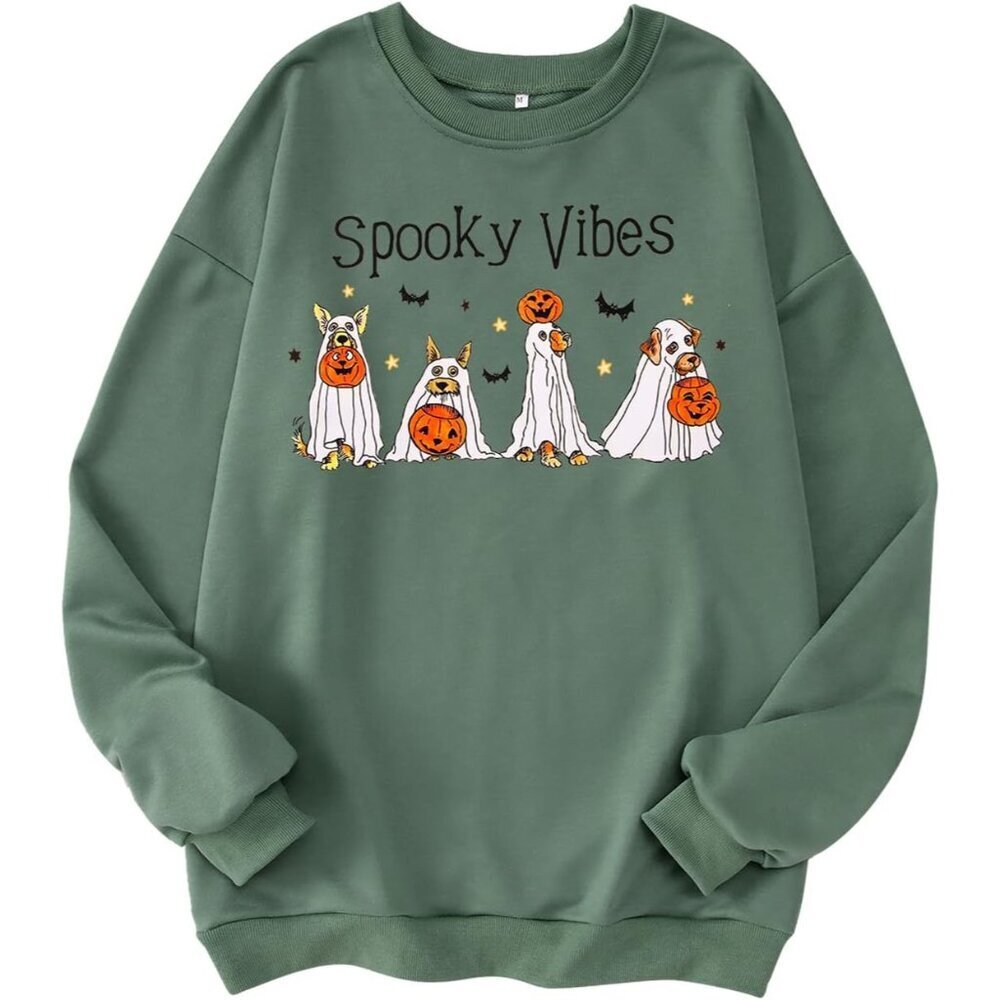 Women's Halloween Pumpkin Ghost Dog Graphic Sweatshirt Long Sleeve Casual